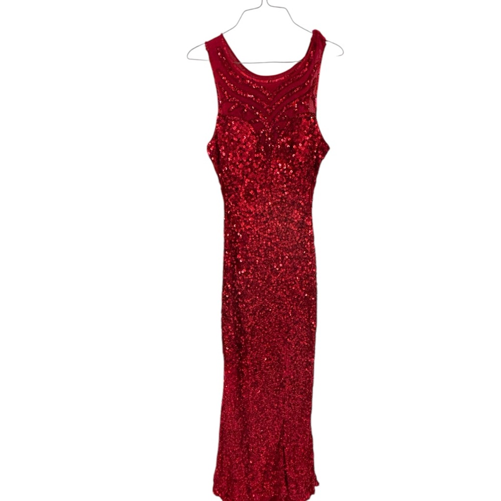 2000s Red Sequin Embellished Sleeveless Midi Prom Dress